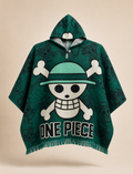 anime poncho, woven hooded poncho, straw hat pirate inspired poncho, baja hoodie poncho, streetwear gaban, oversized poncho, green woven poncho, anime streetwear, festival poncho, artisan poncho, collectible poncho, hooded gaban, Casa Gaban poncho, woven baja hoodie, cozy streetwear poncho