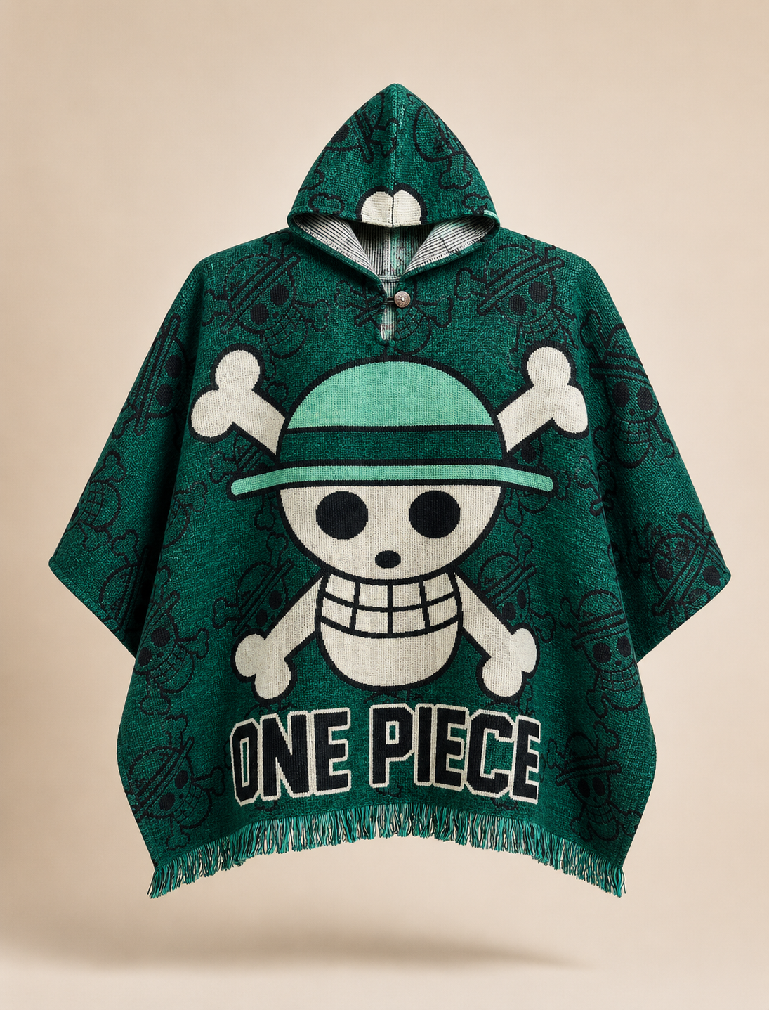 anime poncho, woven hooded poncho, straw hat pirate inspired poncho, baja hoodie poncho, streetwear gaban, oversized poncho, green woven poncho, anime streetwear, festival poncho, artisan poncho, collectible poncho, hooded gaban, Casa Gaban poncho, woven baja hoodie, cozy streetwear poncho