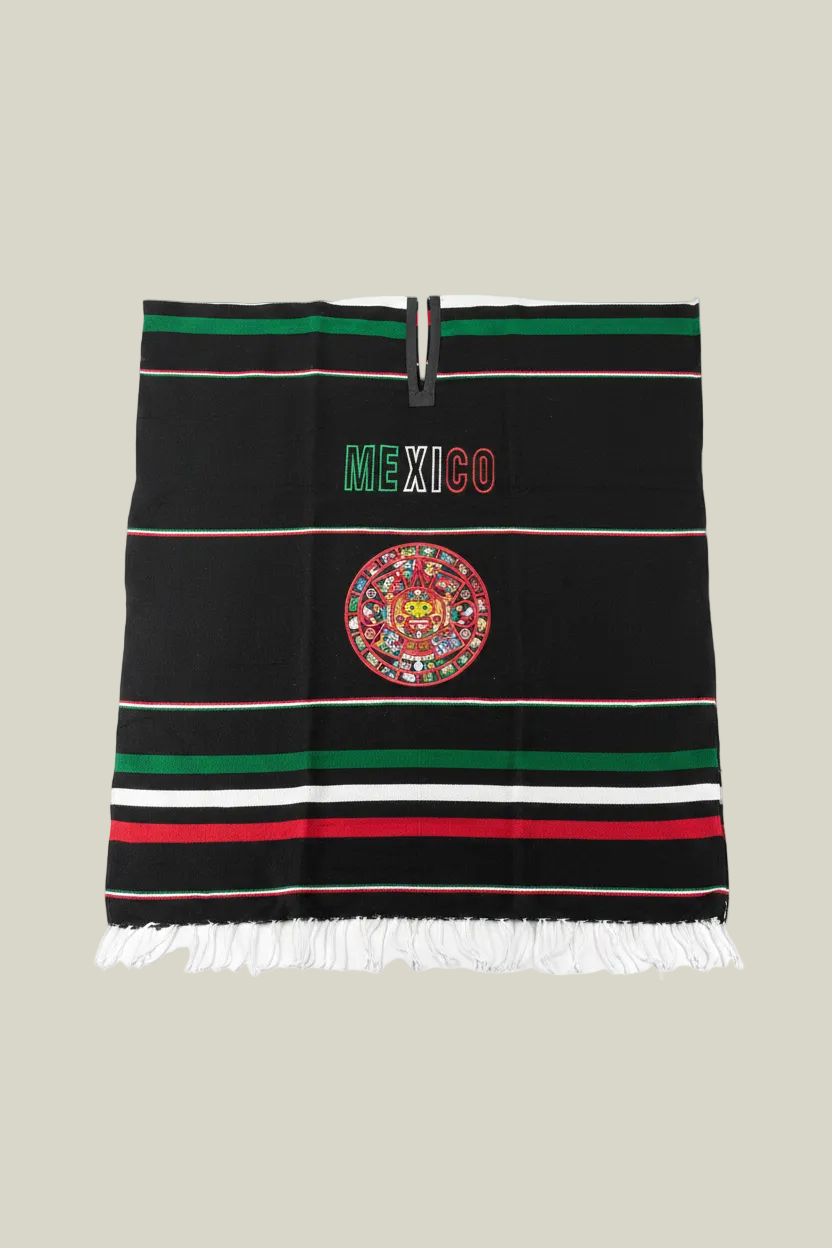 Mexican poncho, Aztec calendar poncho, heritage poncho, woven gaban, oversized poncho, artisan poncho, Mexican streetwear, embroidered poncho, cultural-inspired fashion, heavyweight poncho, festival poncho, traditional Mexican clothing, black woven poncho