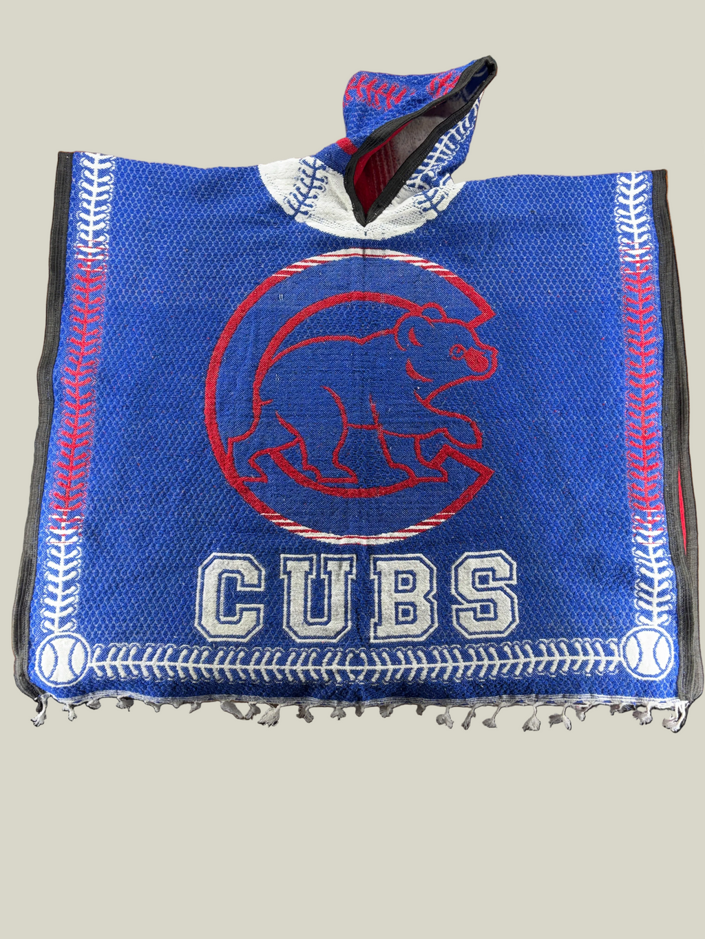 Chicago poncho, baseball poncho hoodie, blue baja hoodie, hooded poncho, oversized poncho, woven gaban, artisan poncho, Chicago streetwear, baseball-inspired hoodie, sports streetwear, premium baja hoodie, festival poncho, heavyweight poncho
