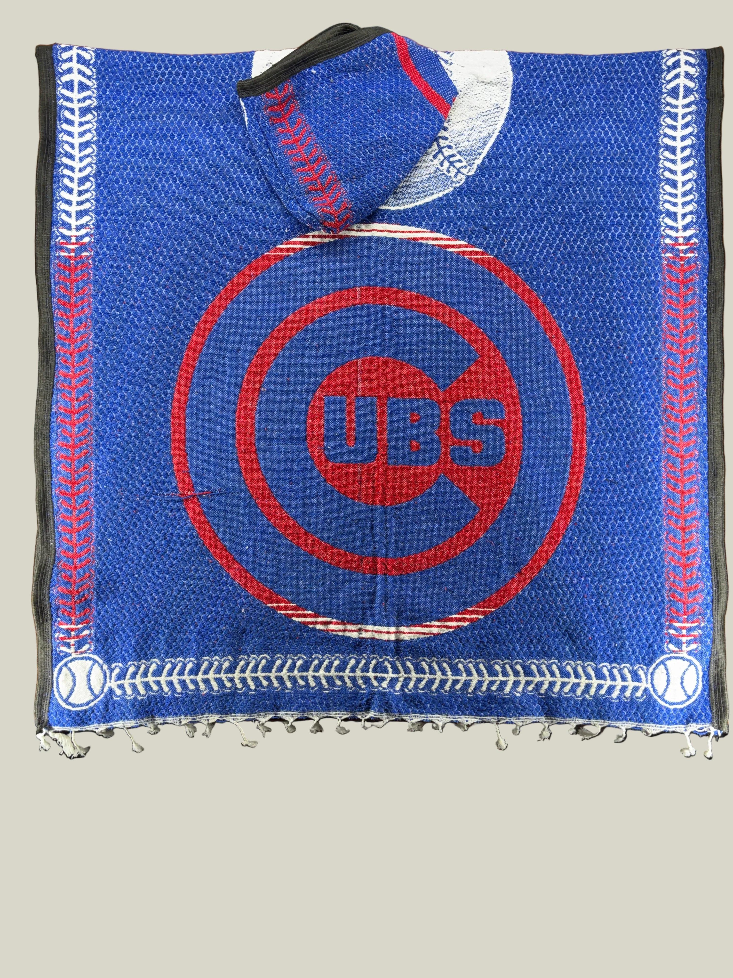Chicago poncho, baseball poncho hoodie, blue baja hoodie, hooded poncho, oversized poncho, woven gaban, artisan poncho, Chicago streetwear, baseball-inspired hoodie, sports streetwear, premium baja hoodie, festival poncho, heavyweight poncho
