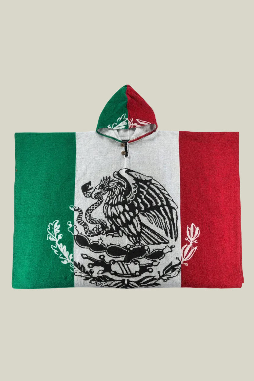 Mexican poncho, heritage poncho, Mexican flag poncho, hooded baja hoodie, woven gaban, oversized poncho, Mexican streetwear, artisan poncho, heavyweight poncho, festival poncho, cultural-inspired fashion, tricolor poncho, traditional Mexican clothing
