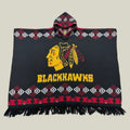 Chicago poncho, hockey-inspired poncho, black and red baja hoodie, hooded poncho, oversized poncho, woven gaban, artisan poncho, Chicago streetwear, sports-inspired hoodie, premium baja hoodie, geometric poncho, heavyweight poncho, game day streetwear