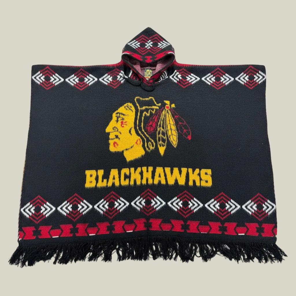 Chicago poncho, hockey-inspired poncho, black and red baja hoodie, hooded poncho, oversized poncho, woven gaban, artisan poncho, Chicago streetwear, sports-inspired hoodie, premium baja hoodie, geometric poncho, heavyweight poncho, game day streetwear