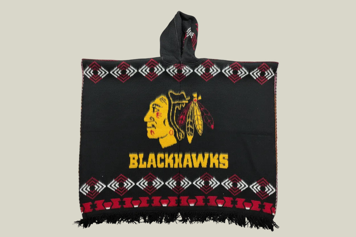 Chicago poncho, hockey-inspired poncho, black and red baja hoodie, hooded poncho, oversized poncho, woven gaban, artisan poncho, Chicago streetwear, sports-inspired hoodie, premium baja hoodie, geometric poncho, heavyweight poncho, game day streetwear