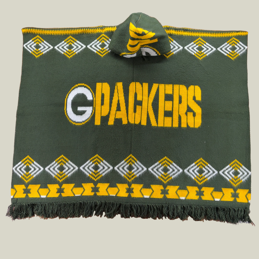 Green and gold poncho, football-inspired poncho, baja hoodie, hooded poncho, oversized poncho, woven gaban, artisan poncho, game day hoodie, sports streetwear, premium baja hoodie, geometric poncho, heavyweight poncho, Midwest football style