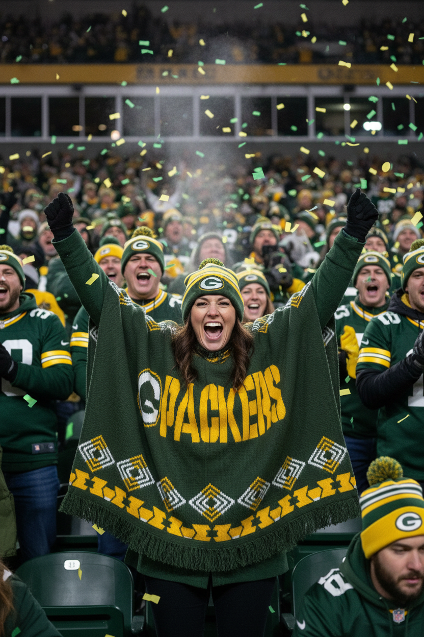 Green and gold poncho, football-inspired poncho, baja hoodie, hooded poncho, oversized poncho, woven gaban, artisan poncho, game day hoodie, sports streetwear, premium baja hoodie, geometric poncho, heavyweight poncho, Midwest football style