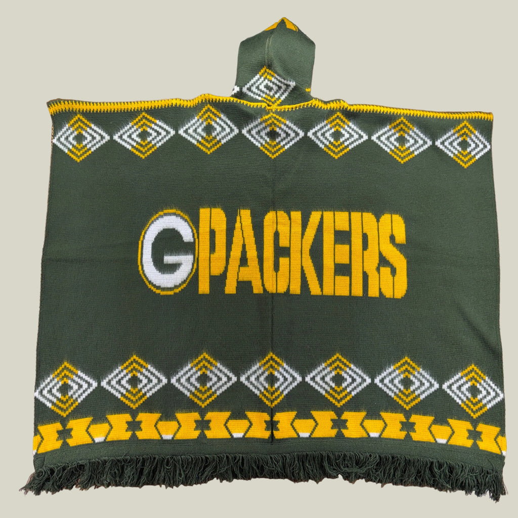 Green and gold poncho, football-inspired poncho, baja hoodie, hooded poncho, oversized poncho, woven gaban, artisan poncho, game day hoodie, sports streetwear, premium baja hoodie, geometric poncho, heavyweight poncho, Midwest football style