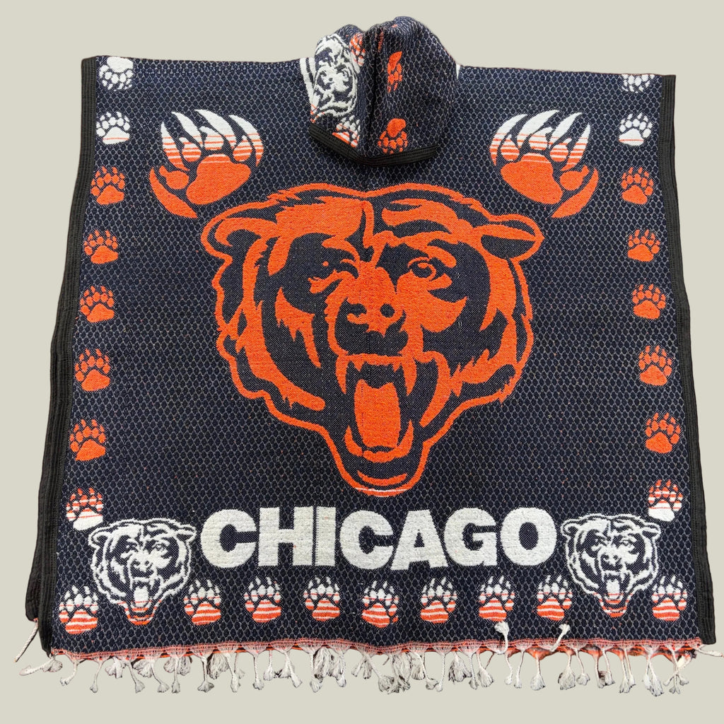 Chicago poncho, bear poncho hoodie, football-inspired poncho, baja hoodie, hooded poncho, oversized poncho, woven gaban, artisan poncho, streetwear poncho, game day hoodie, Mexican baja hoodie, sports streetwear, premium poncho
