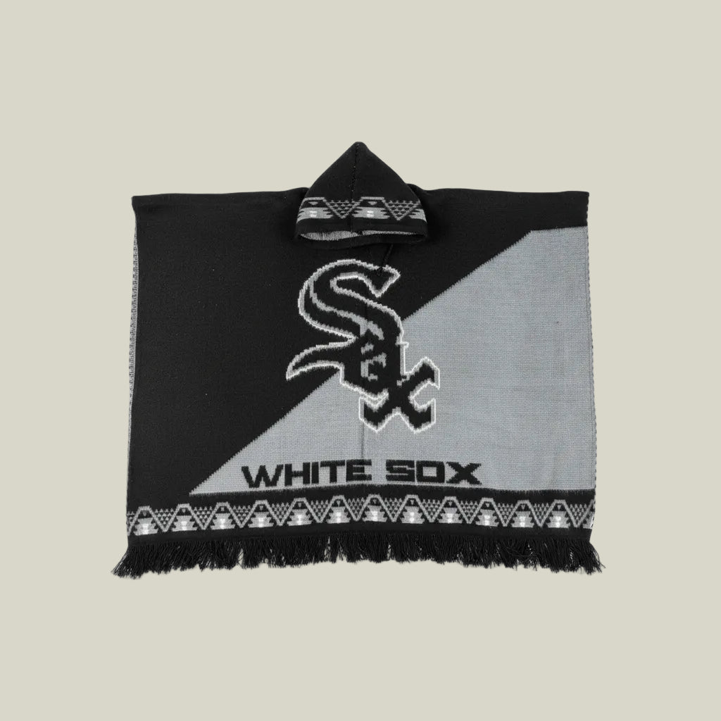 Chicago poncho, black and white baja hoodie, baseball-inspired poncho, hooded poncho, oversized poncho, woven gaban, artisan poncho, Chicago streetwear, sports-inspired hoodie, premium baja hoodie, geometric poncho, heavyweight poncho, Southside style hoodie