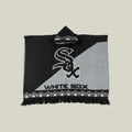 Chicago poncho, black and white baja hoodie, baseball-inspired poncho, hooded poncho, oversized poncho, woven gaban, artisan poncho, Chicago streetwear, sports-inspired hoodie, premium baja hoodie, geometric poncho, heavyweight poncho, Southside style hoodie