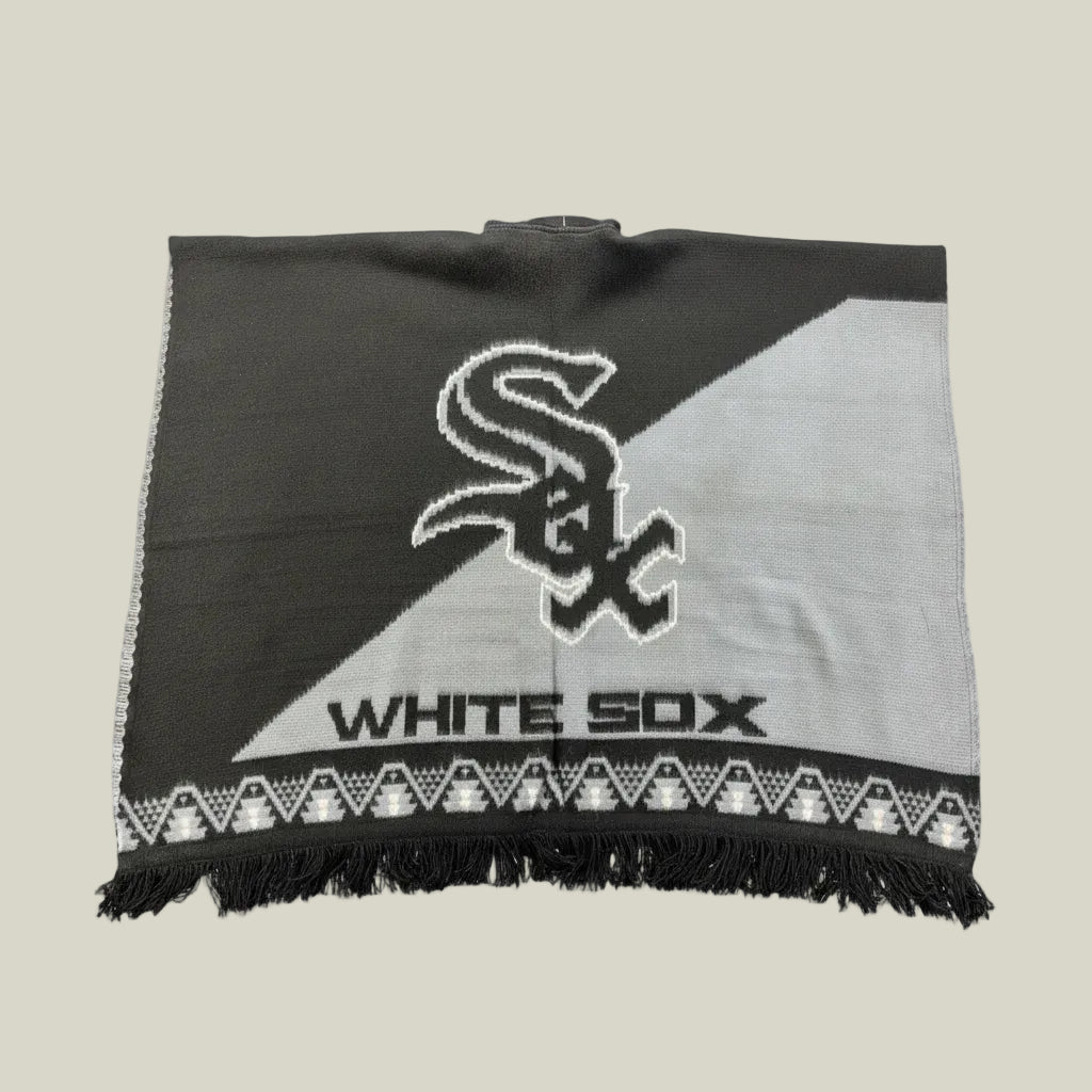 Chicago poncho, black and white baja hoodie, baseball-inspired poncho, hooded poncho, oversized poncho, woven gaban, artisan poncho, Chicago streetwear, sports-inspired hoodie, premium baja hoodie, geometric poncho, heavyweight poncho, Southside style hoodie