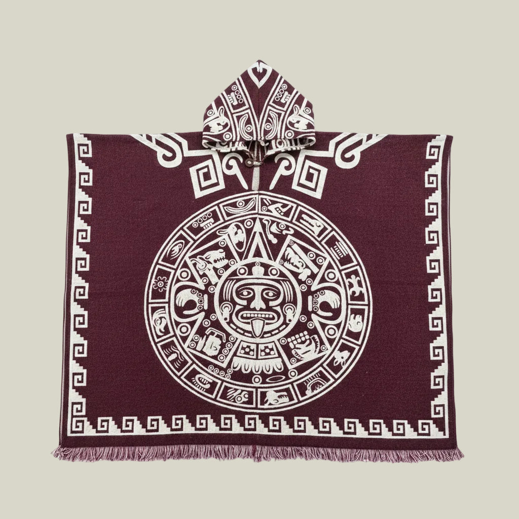 Aztec poncho, Mexican heritage poncho, hooded baja hoodie, woven gaban, oversized poncho, tribal-inspired poncho, artisan poncho, geometric poncho, burgundy baja hoodie, festival poncho, Mexican streetwear, heavyweight poncho, cultural-inspired fashion
