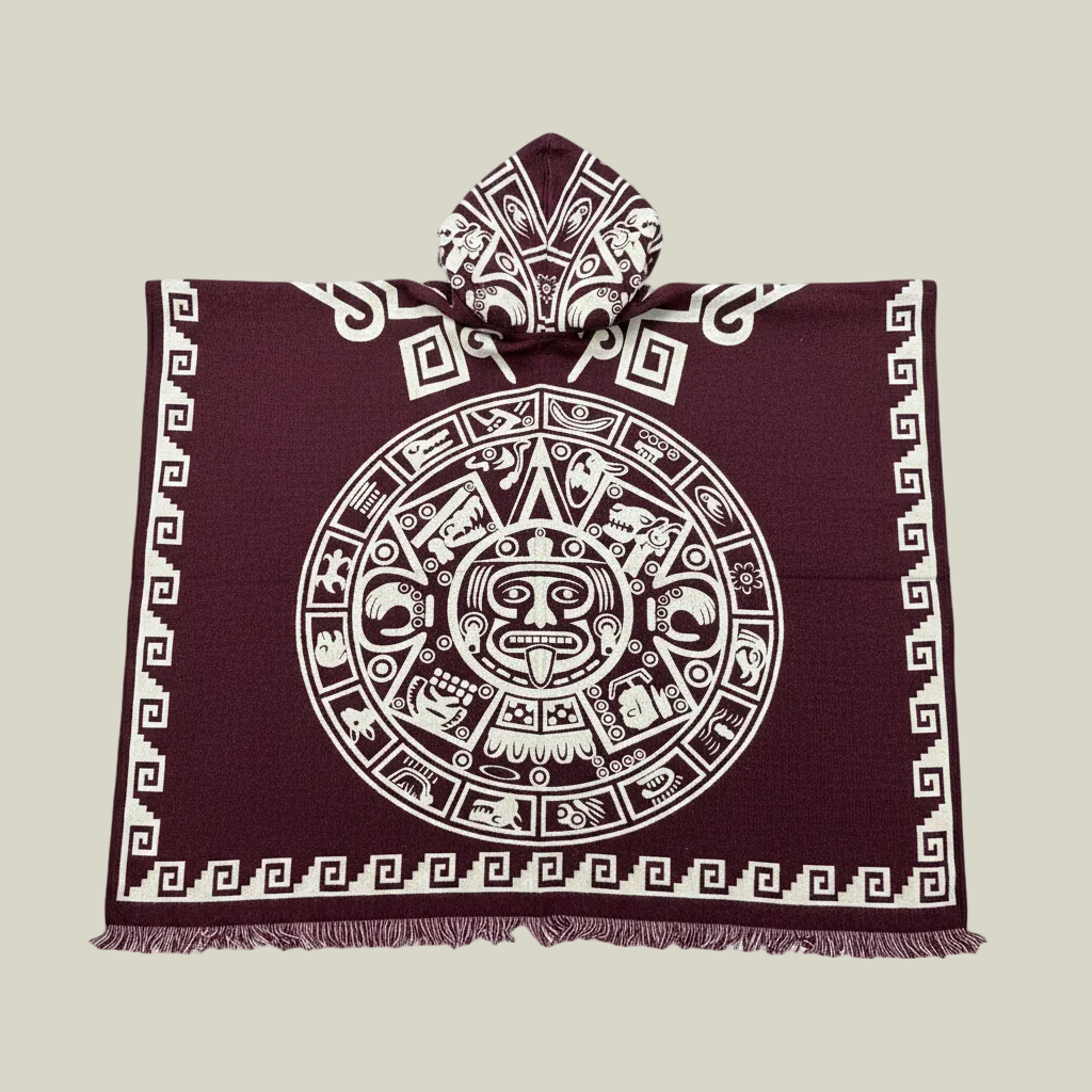 Aztec poncho, Mexican heritage poncho, hooded baja hoodie, woven gaban, oversized poncho, tribal-inspired poncho, artisan poncho, geometric poncho, burgundy baja hoodie, festival poncho, Mexican streetwear, heavyweight poncho, cultural-inspired fashion
