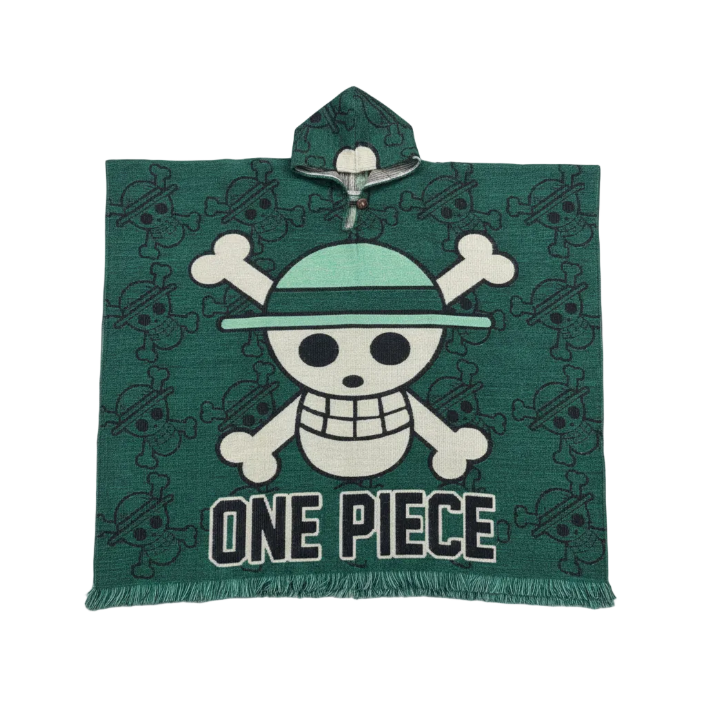 anime poncho, woven hooded poncho, straw hat pirate inspired poncho, baja hoodie poncho, streetwear gaban, oversized poncho, green woven poncho, anime streetwear, festival poncho, artisan poncho, collectible poncho, hooded gaban, Casa Gaban poncho, woven baja hoodie, cozy streetwear poncho