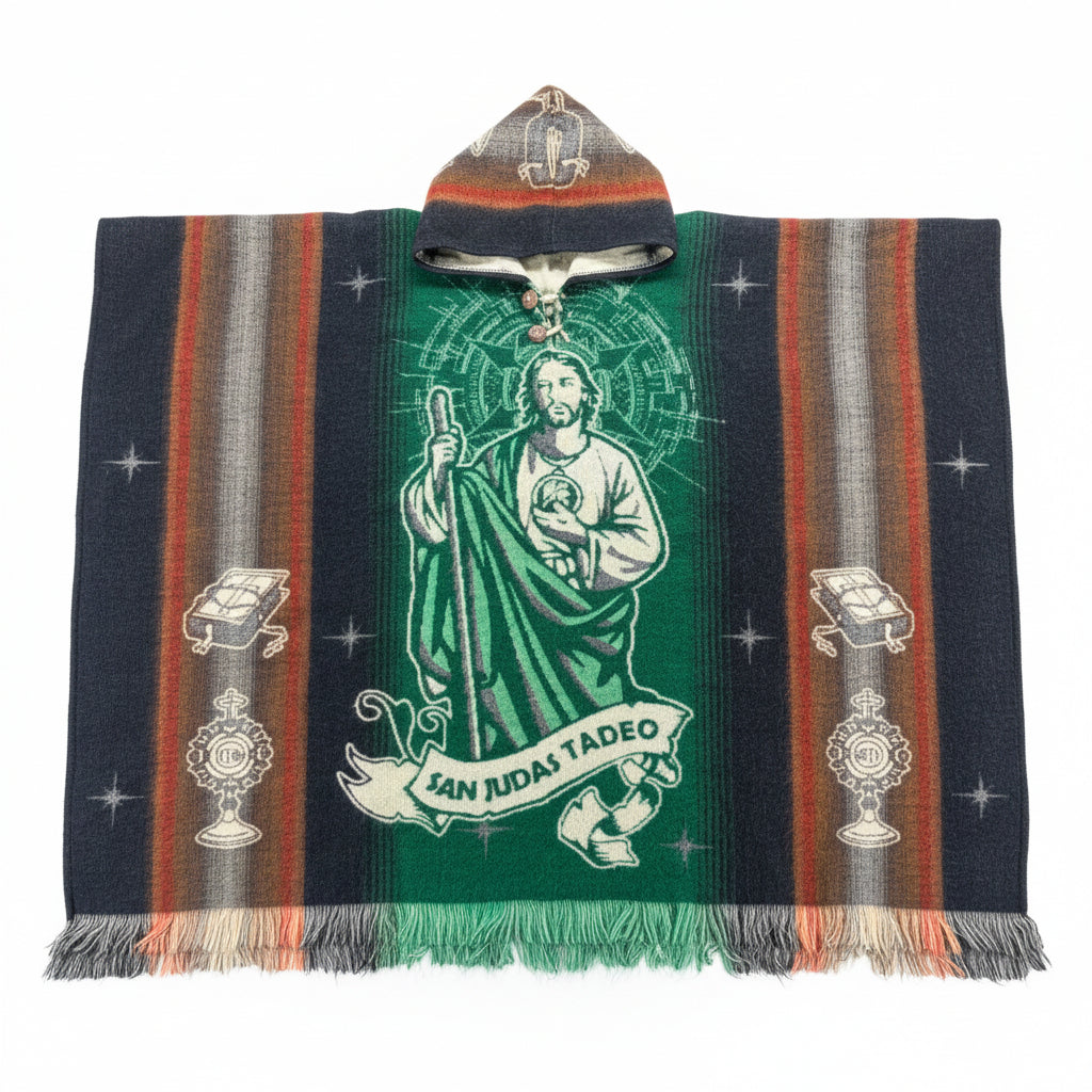 woven hooded poncho, Mexican heritage poncho, San Judas inspired poncho, baja hoodie, artisan gaban, oversized poncho, woven Mexican poncho, spiritual streetwear, heavyweight poncho, festival poncho, cultural fashion, striped woven poncho, cozy hooded gaban, Casa Gaban poncho, traditional inspired poncho