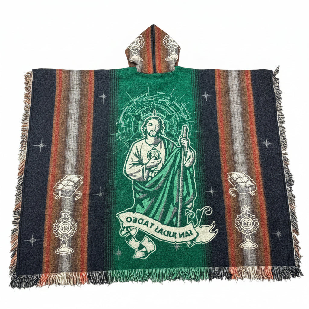 woven hooded poncho, Mexican heritage poncho, San Judas inspired poncho, baja hoodie, artisan gaban, oversized poncho, woven Mexican poncho, spiritual streetwear, heavyweight poncho, festival poncho, cultural fashion, striped woven poncho, cozy hooded gaban, Casa Gaban poncho, traditional inspired poncho