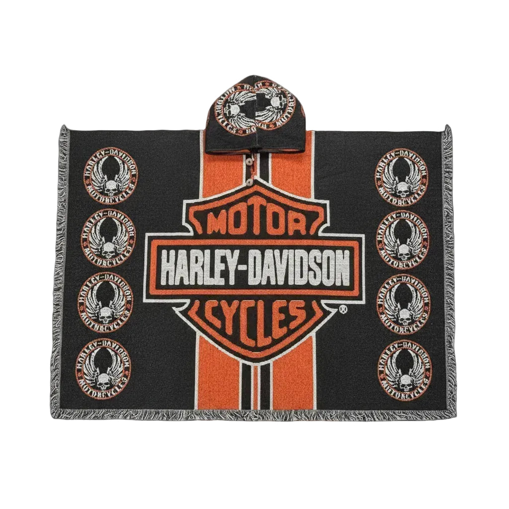 woven hooded poncho, biker inspired poncho, vintage rider poncho, baja hoodie poncho, streetwear gaban, oversized woven poncho, skull graphic poncho, black orange poncho, heavyweight poncho, artisan poncho, motorcycle inspired streetwear, hooded gaban, cozy woven poncho, festival poncho, Casa Gaban poncho