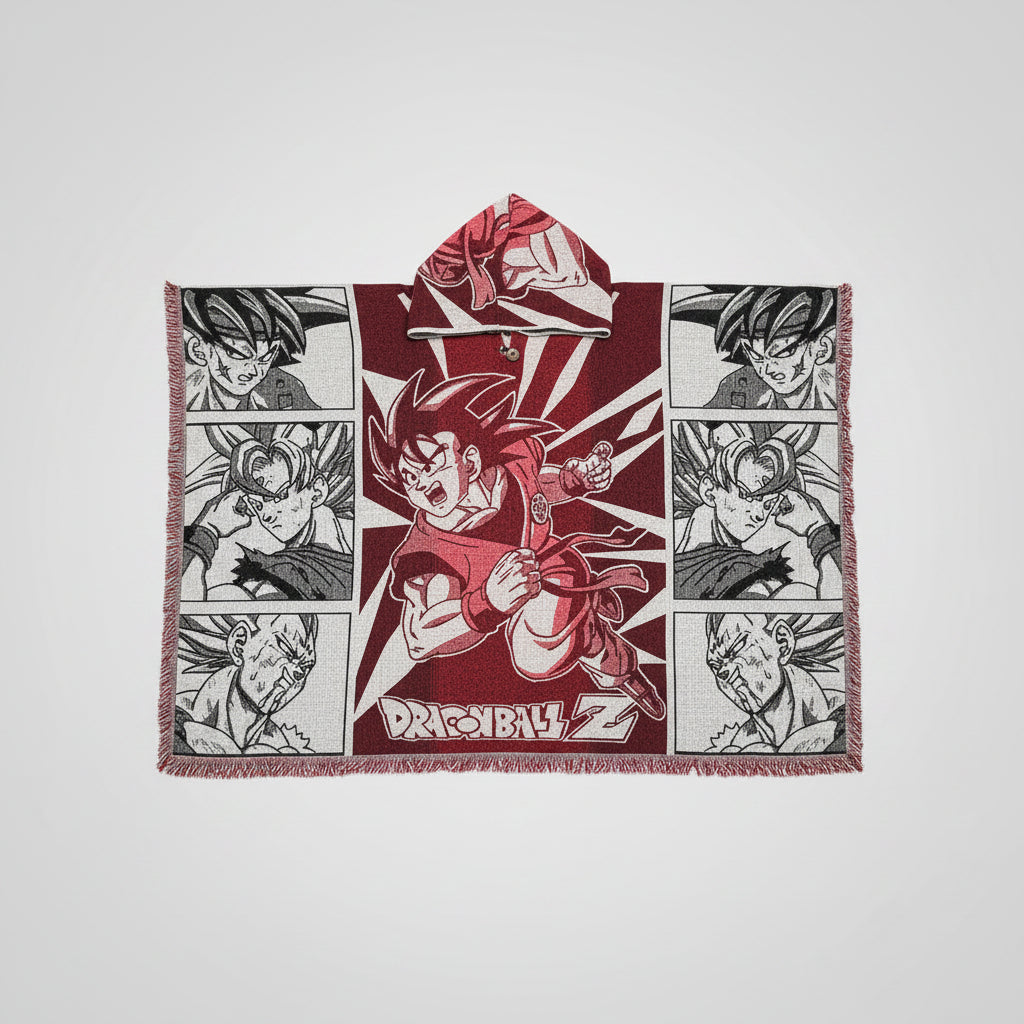 anime inspired poncho, manga streetwear poncho, woven hooded poncho, oversized baja hoodie, graphic woven poncho, crimson streetwear poncho, festival poncho, collectible hoodie poncho, vintage anime aesthetic, artisan woven hoodie, cozy hooded blanket poncho, statement streetwear, fringe poncho, alternative fashion poncho, Casa Gaban poncho