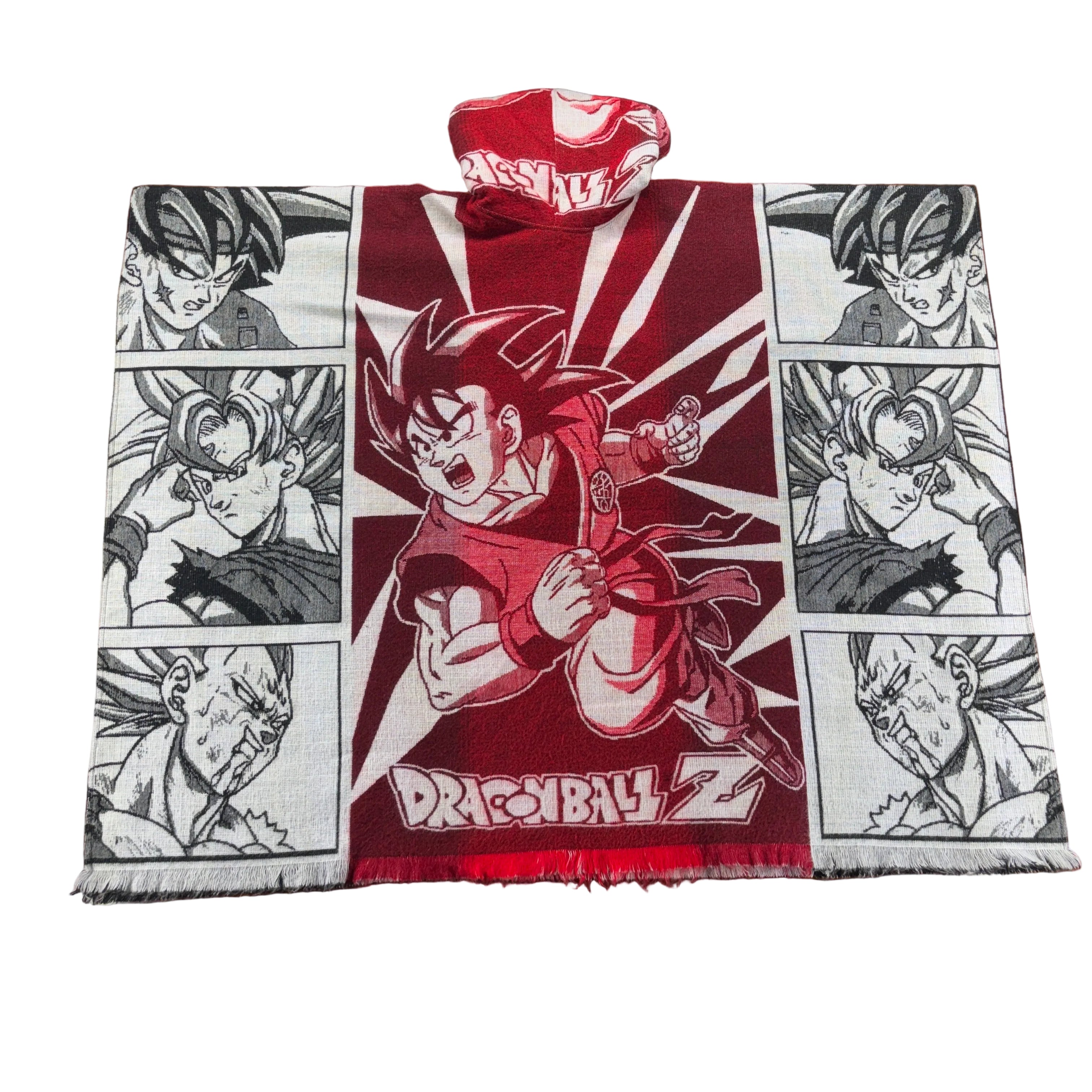 anime inspired poncho, manga streetwear poncho, woven hooded poncho, oversized baja hoodie, graphic woven poncho, crimson streetwear poncho, festival poncho, collectible hoodie poncho, vintage anime aesthetic, artisan woven hoodie, cozy hooded blanket poncho, statement streetwear, fringe poncho, alternative fashion poncho, Casa Gaban poncho